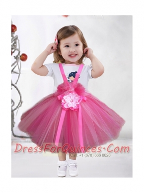 Sweet Straps A-Line Tea-length Little Girl Dress with  Hand Made Flowers