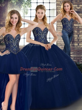 Sweet Navy Blue Sleeveless Floor Length Beading Lace Up Quince Ball Gowns