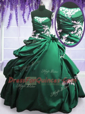 Sophisticated Green and Dark Green Lace Up Strapless Appliques and Pick Ups Ball Gown Prom Dress Taffeta Sleeveless