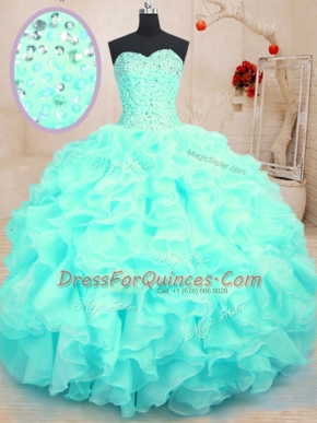 Aqua Blue Ball Gowns Sweetheart Sleeveless Organza Floor Length Lace Up Beading and Ruffles Sweet 16 Quinceanera Dress