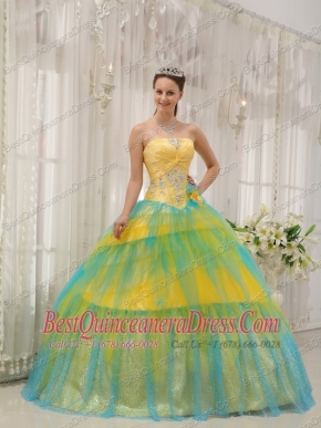 Yellow and Blue Ball Gown Strapless Floor-length Tulle Beading and Ruch Quinceanera Dress