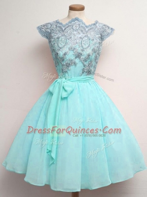 Decent Scalloped Cap Sleeves Lace Up Court Dresses for Sweet 16 Aqua Blue Chiffon