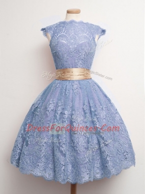Lovely High-neck Cap Sleeves Lace Quinceanera Dama Dress Belt Lace Up
