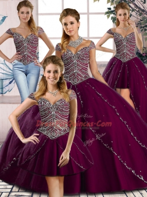 Lace Up Ball Gown Prom Dress Purple for Sweet 16 and Quinceanera with Beading Brush Train