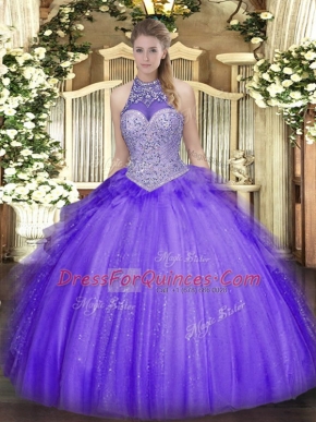 Glittering Lavender Sleeveless Beading and Ruffles Floor Length Ball Gown Prom Dress