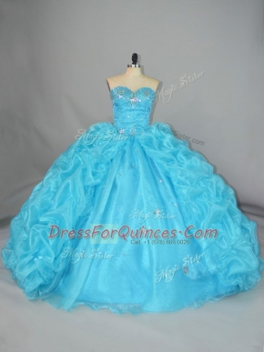 Flare Organza Sweetheart Sleeveless Lace Up Embroidery and Ruffles Sweet 16 Dress in Blue