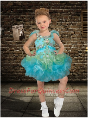 Fashionable Ball Gown Scoop Mini-length Beading Ruffles Blue Little Girl Dress