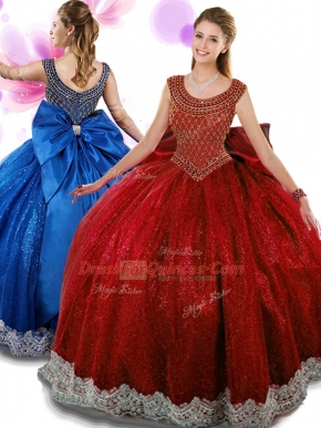 Scoop Beading and Appliques and Bowknot Sweet 16 Quinceanera Dress Wine Red Zipper Sleeveless Floor Length