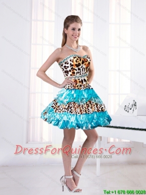 2015 Leopard Printed Sweetheart Mini length Prom Dresses in Aqua Blue with Beading