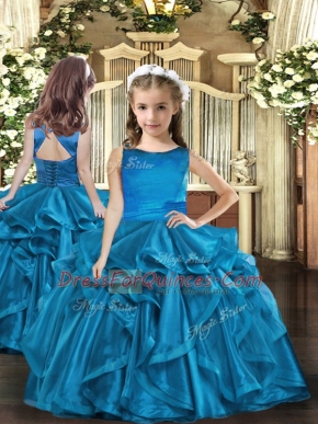 Blue Sleeveless Floor Length Ruffles Lace Up Pageant Gowns For Girls