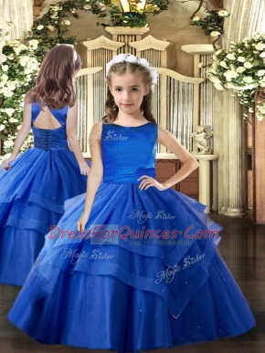 Floor Length Lace Up Pageant Dress Womens Royal Blue for Party and Wedding Party with Ruffled Layers