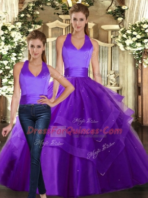 Best Selling Purple Lace Up Strapless Ruffled Layers Quinceanera Gowns Tulle Sleeveless