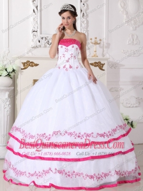 White and Hot Pink Ball Gown Strapless Floor-length Organza Beading and Embroidery Quinceanera Dress