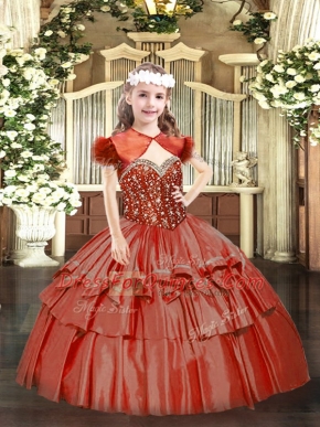 Sleeveless Floor Length Beading and Ruffled Layers Lace Up Pageant Dress for Girls with Coral Red