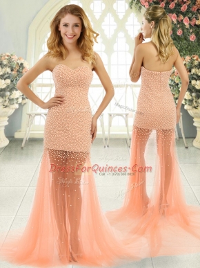 Brush Train Column/Sheath Prom Party Dress Orange and Peach Sweetheart Tulle Sleeveless Zipper
