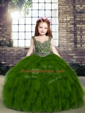 Olive Green Straps Lace Up Beading and Ruffles Kids Formal Wear Sleeveless