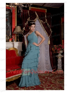 Prom / Evening Dress Baby Blue Empire One Shoulder Brush Train Chiffon Beading