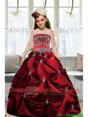 Adorable 2015 Strapless Wine Red Embroidery Little Girl Pageant Dresses