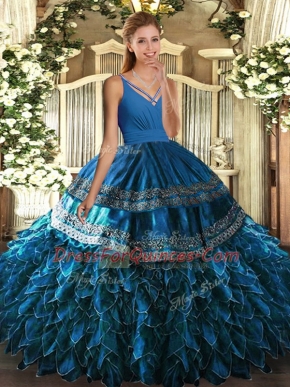 Top Selling Sleeveless Organza Floor Length Backless Quinceanera Gown in Blue with Beading and Appliques and Ruffles