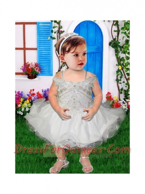 Fashionable Spaghetti Straps Tea-length Beading Bowknot White Little Girl Dress