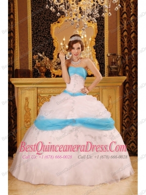 White Ball Gown Strapless Floor-length Appliques Satin and Organza  Quinceanera Dress