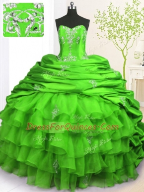 Smart Green Sleeveless With Train Beading and Appliques and Ruffled Layers and Pick Ups Lace Up Sweet 16 Dress