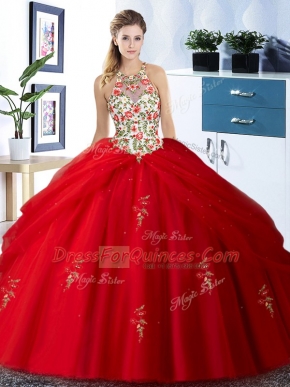 Halter Top Pick Ups Red Sleeveless Tulle Lace Up Ball Gown Prom Dress for Military Ball and Sweet 16 and Quinceanera