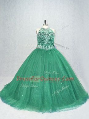 Fabulous Green Ball Gowns Tulle Scoop Sleeveless Beading Lace Up Quinceanera Gowns Brush Train