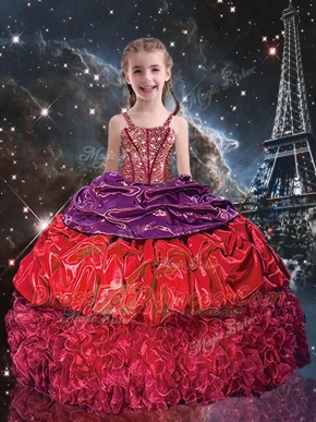 Free and Easy Sleeveless Beading and Ruffles and Pick Ups Lace Up Little Girl Pageant Gowns