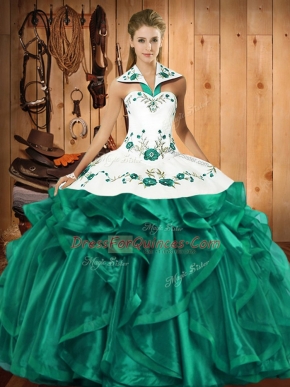 Floor Length Lace Up Sweet 16 Dresses Turquoise for Military Ball and Sweet 16 and Quinceanera with Embroidery and Ruffles