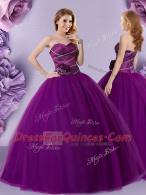 Extravagant Floor Length Zipper Quinceanera Gown Dark Purple for Military Ball and Sweet 16 and Quinceanera with Hand Made Flower