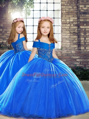 Sleeveless Brush Train Lace Up Little Girl Pageant Gowns in Royal Blue with Beading