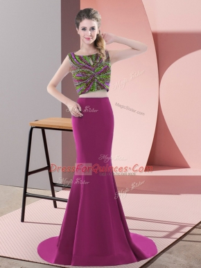 Beauteous Beading Prom Party Dress Fuchsia Backless Sleeveless Sweep Train