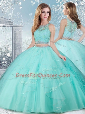 High Quality Aqua Blue Sleeveless Floor Length Beading Clasp Handle Ball Gown Prom Dress
