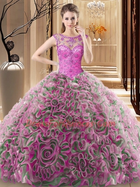 Scoop Sleeveless Fabric With Rolling Flowers Sweep Train Lace Up Sweet 16 Quinceanera Dress in Multi-color with Beading