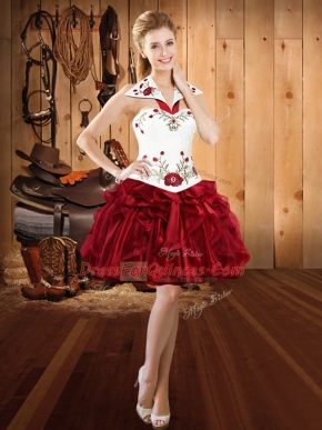 Sleeveless Mini Length Embroidery and Ruffles Lace Up Prom Gown with Burgundy