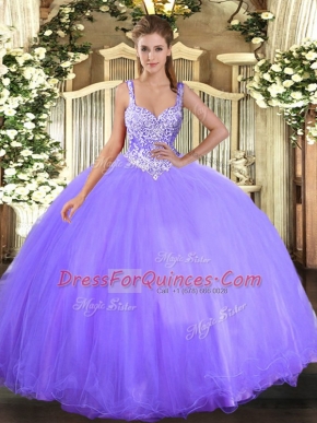 Lavender Tulle Lace Up Ball Gown Prom Dress Sleeveless Floor Length Beading