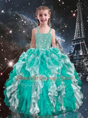 Custom Design Organza Straps Sleeveless Lace Up Beading and Ruffles Little Girl Pageant Dress in Turquoise
