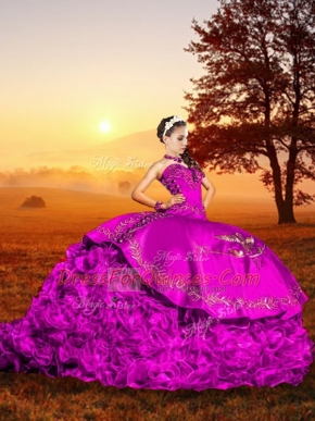 Lace Up Quince Ball Gowns Fuchsia for Military Ball and Sweet 16 and Quinceanera with Embroidery and Ruffles Brush Train