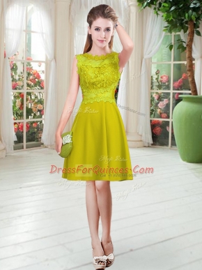 Knee Length Gold Prom Dresses Satin Sleeveless Lace