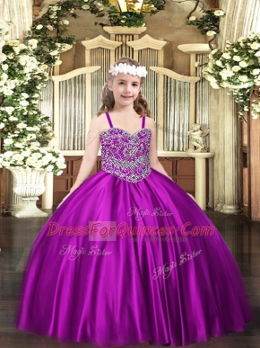 Purple Straps Neckline Beading Little Girls Pageant Gowns Sleeveless Lace Up