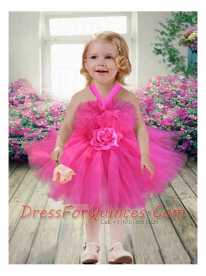 2014 Beatiful Short Knee-length Hot Pink Little Girl Dress with Straps