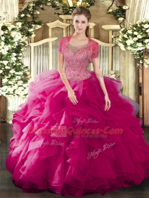 Super Fuchsia Sleeveless Floor Length Beading and Ruffled Layers Clasp Handle Quinceanera Gown