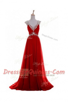 Red A-line Chiffon V-neck Sleeveless Beading and Belt Zipper Prom Party Dress Brush Train