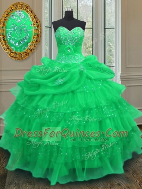 Pick Ups Ruffled Halter Top Sleeveless Lace Up 15 Quinceanera Dress Green Organza