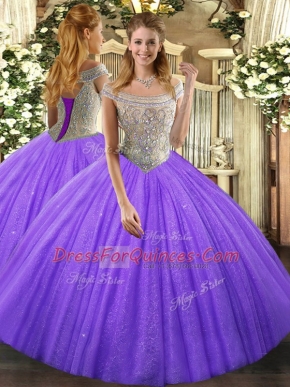 Lavender Tulle Lace Up Quinceanera Gowns Sleeveless Floor Length Beading