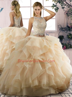 On Sale Scoop Sleeveless Ball Gown Prom Dress Floor Length Ruffles Champagne Tulle