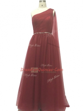 Sleeveless Beading and Pleated Zipper Homecoming Dress with Burgundy Sweep Train