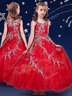 Red Ball Gowns Scoop Sleeveless Organza Ankle Length Zipper Beading and Appliques Flower Girl Dresses