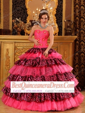 Beautiful Ball Gown Sweetheart Floor-length Organza and Zebra Beading Hot Pink Quinceanera Dress